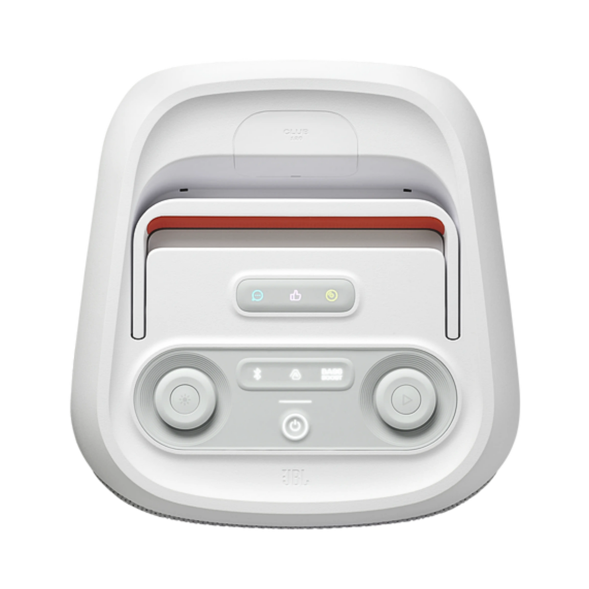 Open box JBL PartyBox Club 120 splashproof Bluetooth wireless speaker in white, showcasing its large speaker grille and control panel.