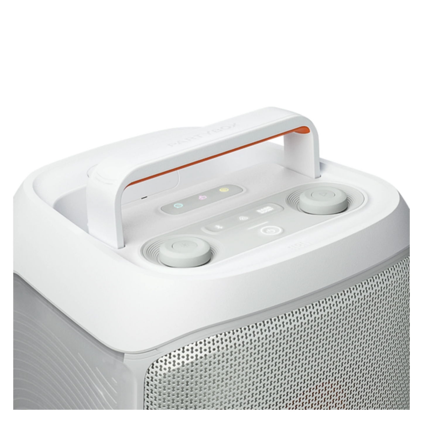Open box JBL PartyBox Club 120 splashproof wireless Bluetooth speaker in white with controls and speaker grille visible.
