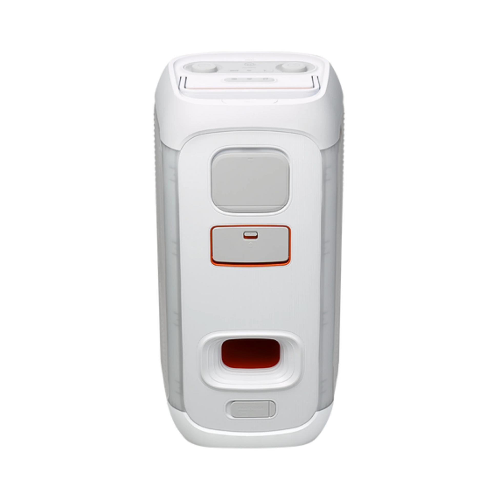 Open box JBL PartyBox Club 120 splashproof Bluetooth wireless speaker in white, highlighting its design and controls.