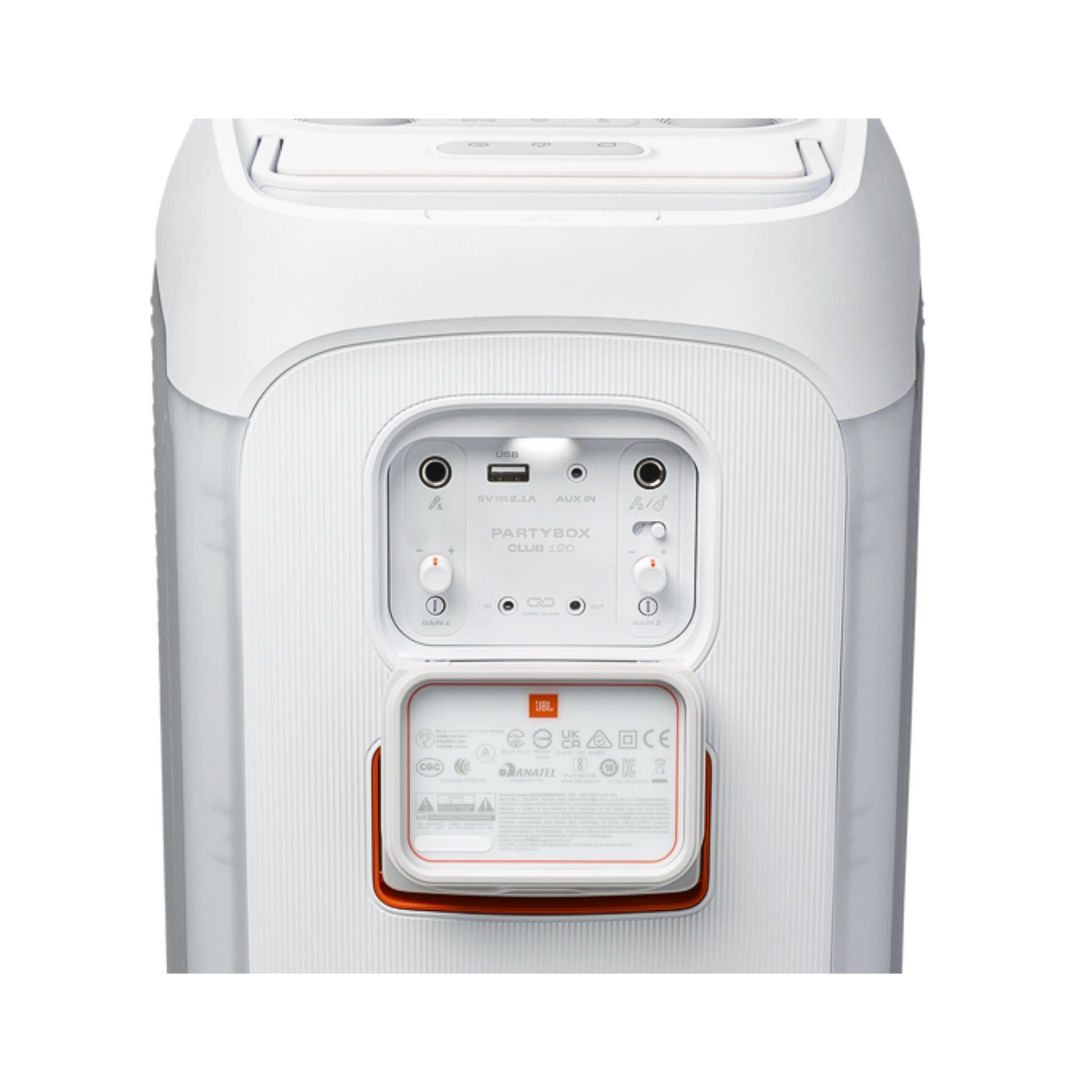 Open box JBL PartyBox Club 120 splashproof Bluetooth wireless speaker in white, showing its compact design and control buttons.