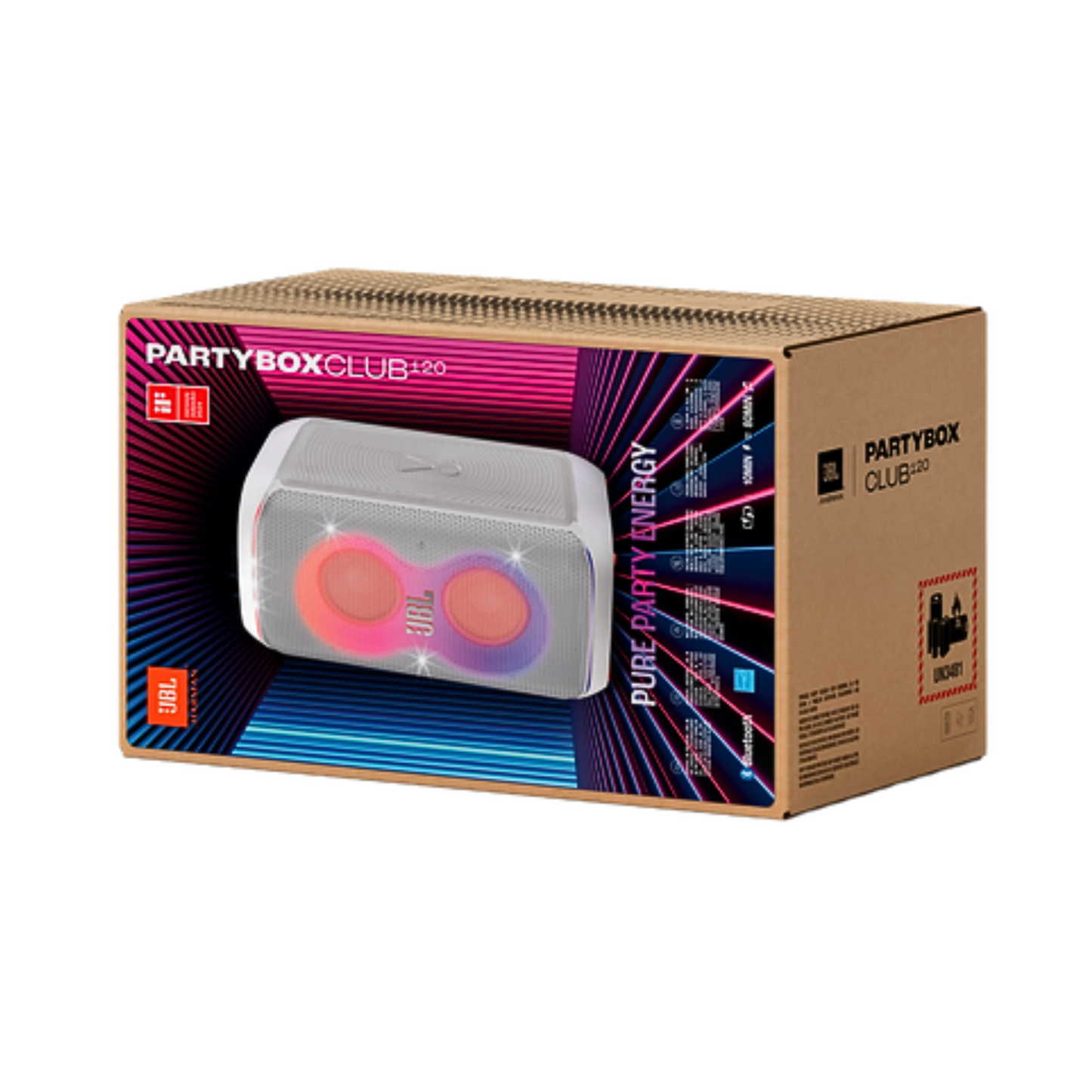 Open box JBL PartyBox Club 120 splashproof Bluetooth wireless speaker in white, showcasing its portable design and control panel.