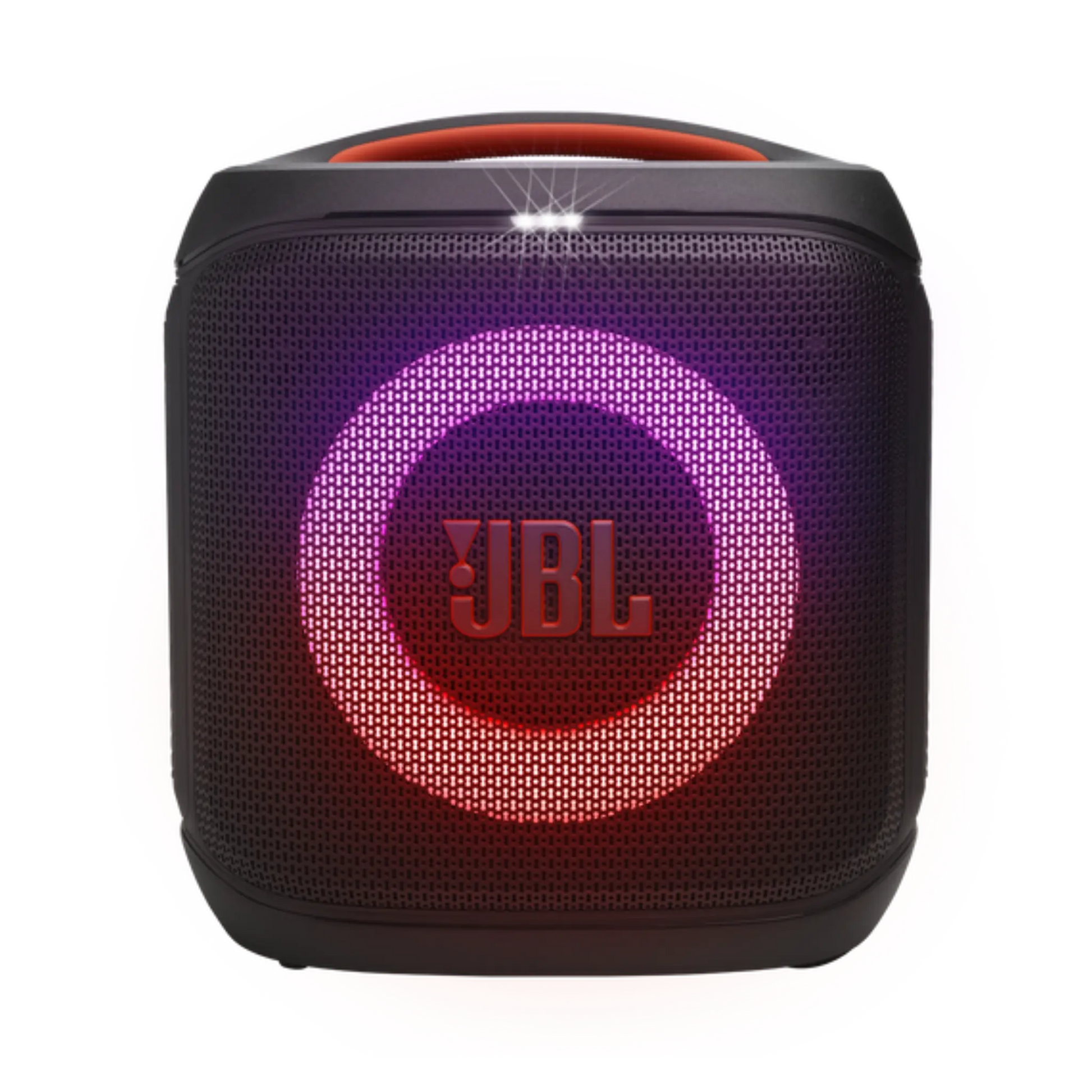 Open box JBL PartyBox Encore Essential 2 party speaker with colorful LED lights and portable design, ideal for lively events.