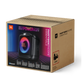 Open box JBL PartyBox Encore Essential 2 party speaker with colorful LED lights and control buttons on top.