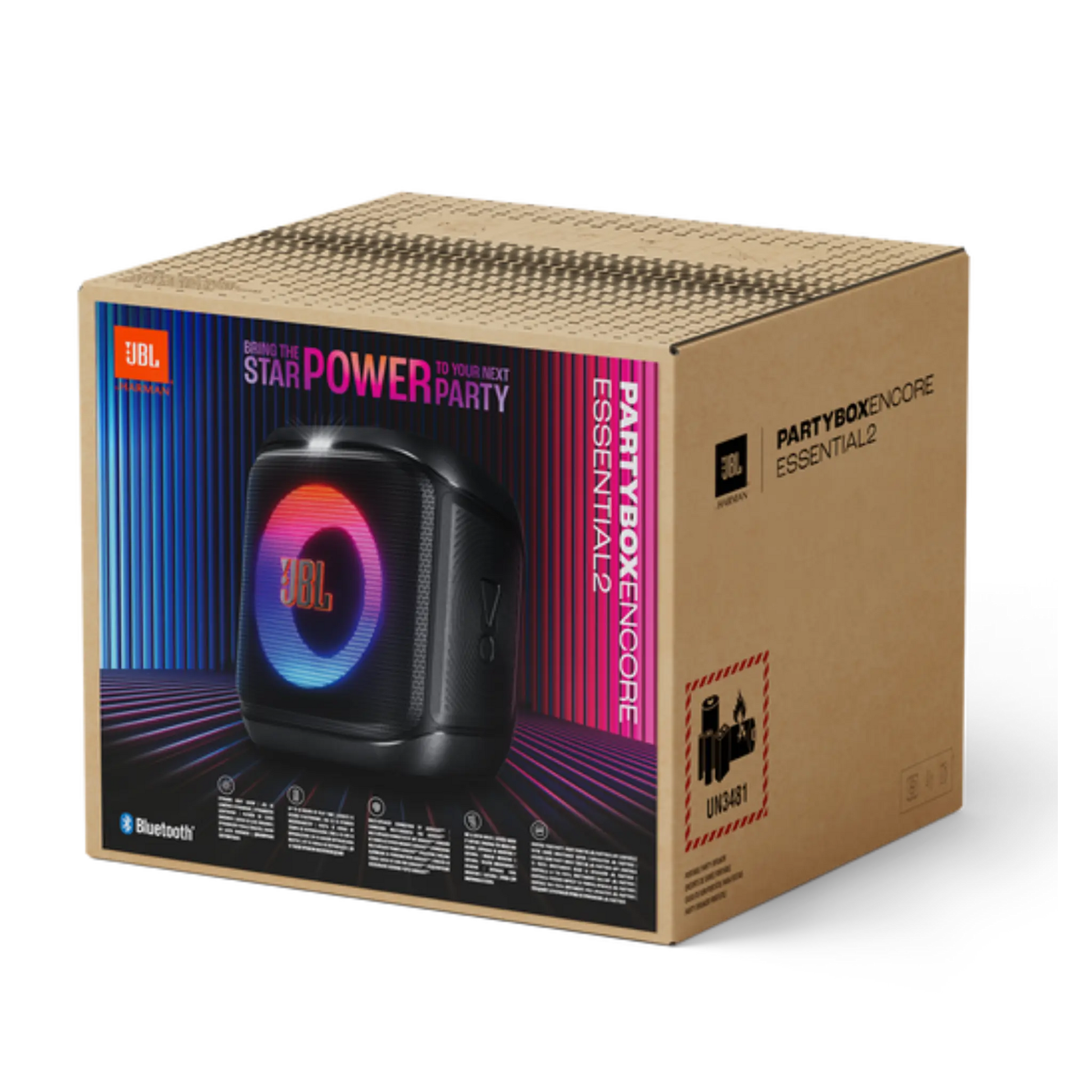 Open box JBL PartyBox Encore Essential 2 party speaker with colorful LED lights and control buttons on top.