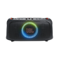Open box JBL PartyBox On-The-Go Essential splashproof Bluetooth wireless speaker in black, showing its portable design and control panel.