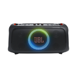Open box JBL PartyBox On-The-Go Essential splashproof Bluetooth wireless speaker in black, showing its portable design and control panel.