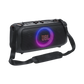 Open box JBL PartyBox On-The-Go Essential splashproof Bluetooth wireless speaker in black, showing its portable design and controls.