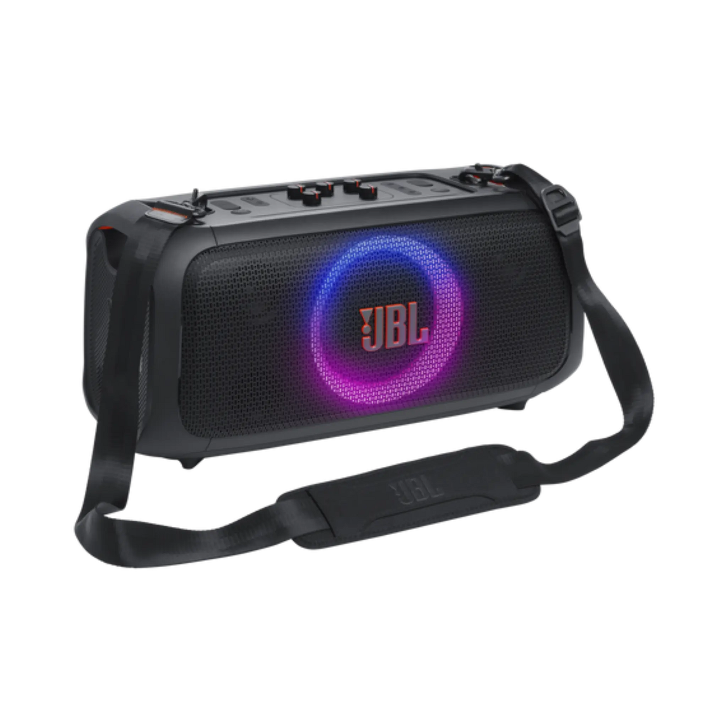 Open box JBL PartyBox On-The-Go Essential splashproof Bluetooth wireless speaker in black, showing its portable design and controls.