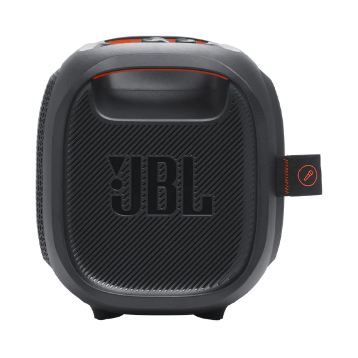 Open box JBL PartyBox On-The-Go Essential splashproof Bluetooth wireless speaker in black, showing its portable design and control buttons.