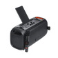 Open box JBL PartyBox On-The-Go Essential splashproof Bluetooth wireless speaker in black, showing its portable design and controls.