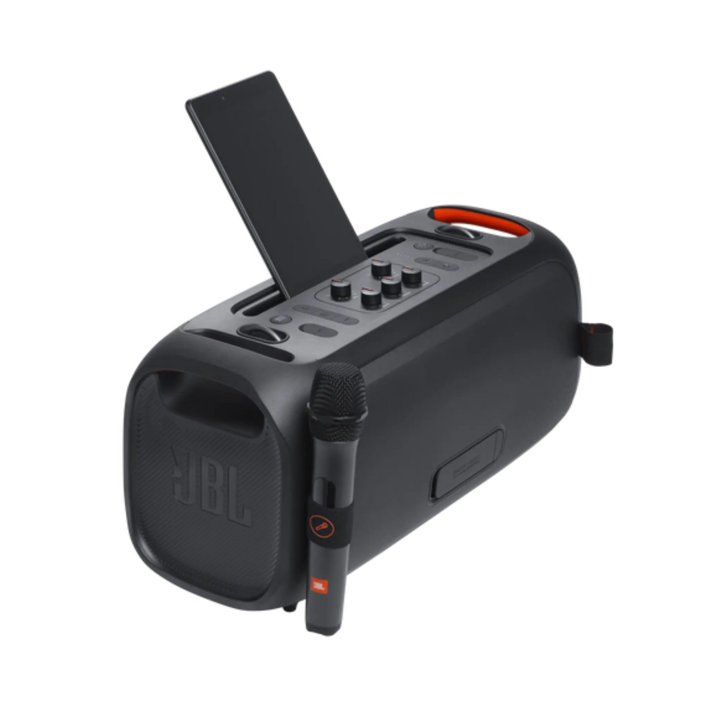Open box JBL PartyBox On-The-Go Essential splashproof Bluetooth wireless speaker in black, showing its portable design and controls.