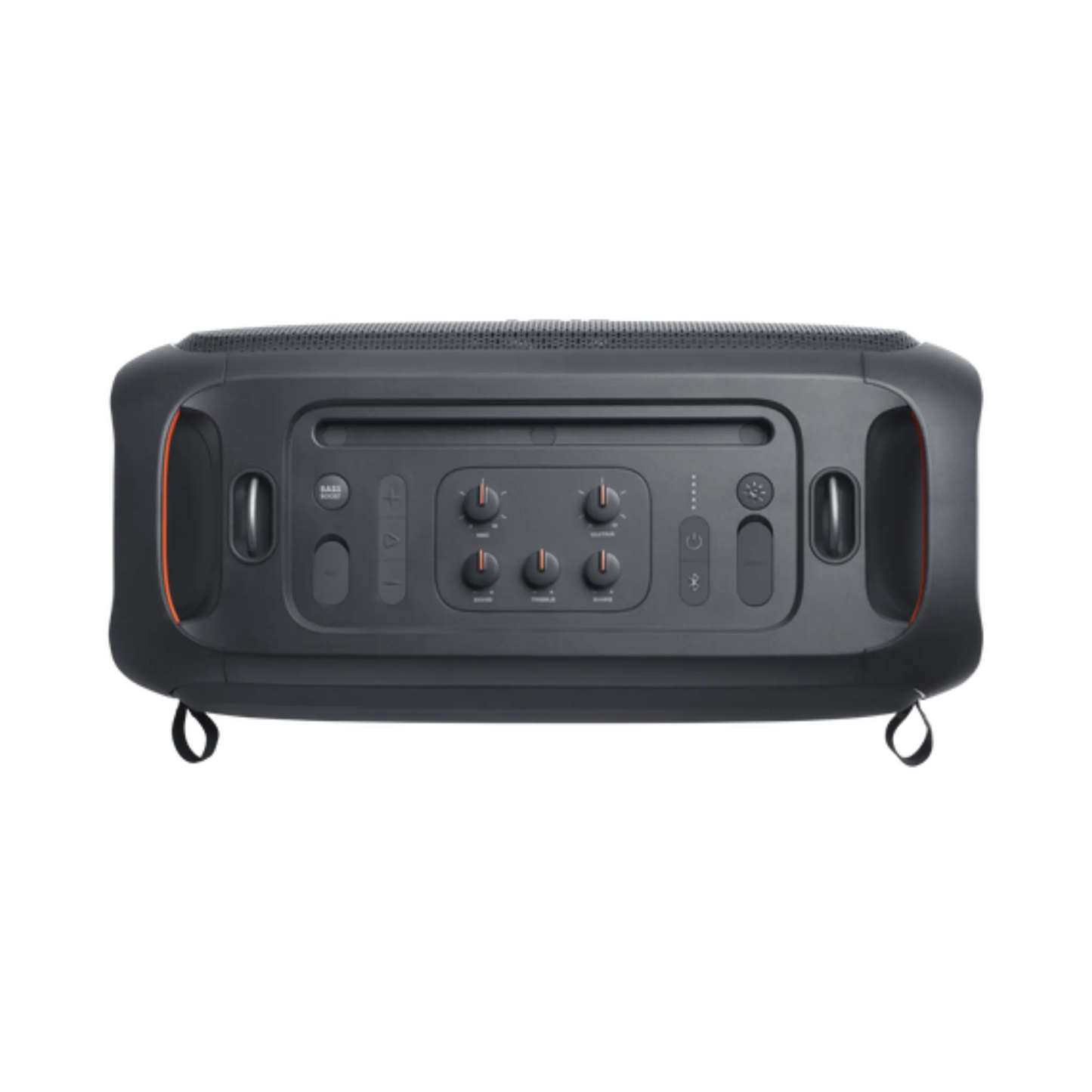 Open box JBL PartyBox On-The-Go Essential Bluetooth speaker in black, splashproof portable party speaker with wireless connectivity.
