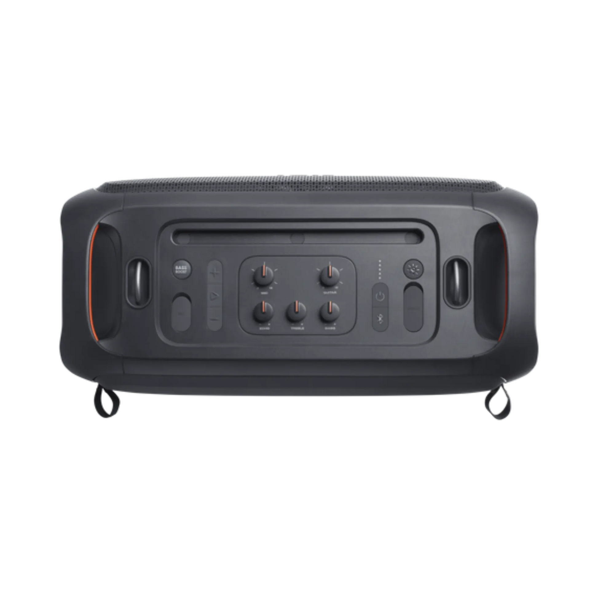 Open box JBL PartyBox On-The-Go Essential Bluetooth speaker in black, splashproof portable party speaker with wireless connectivity.