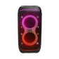 Open box JBL PartyBox Stage 320 portable party speaker in black, featuring large speaker drivers and control panel.