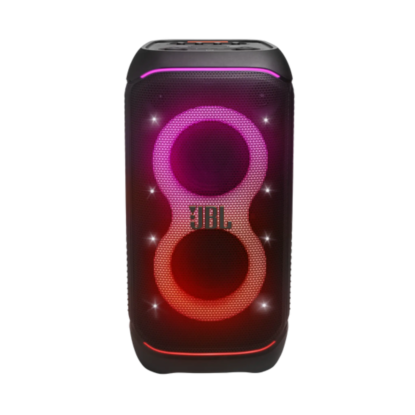 Open box JBL PartyBox Stage 320 portable party speaker in black, featuring large speaker drivers and control panel.
