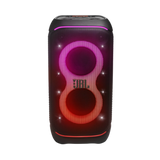 Open box JBL PartyBox Stage 320 portable party speaker in black, featuring large speaker drivers and control panel.