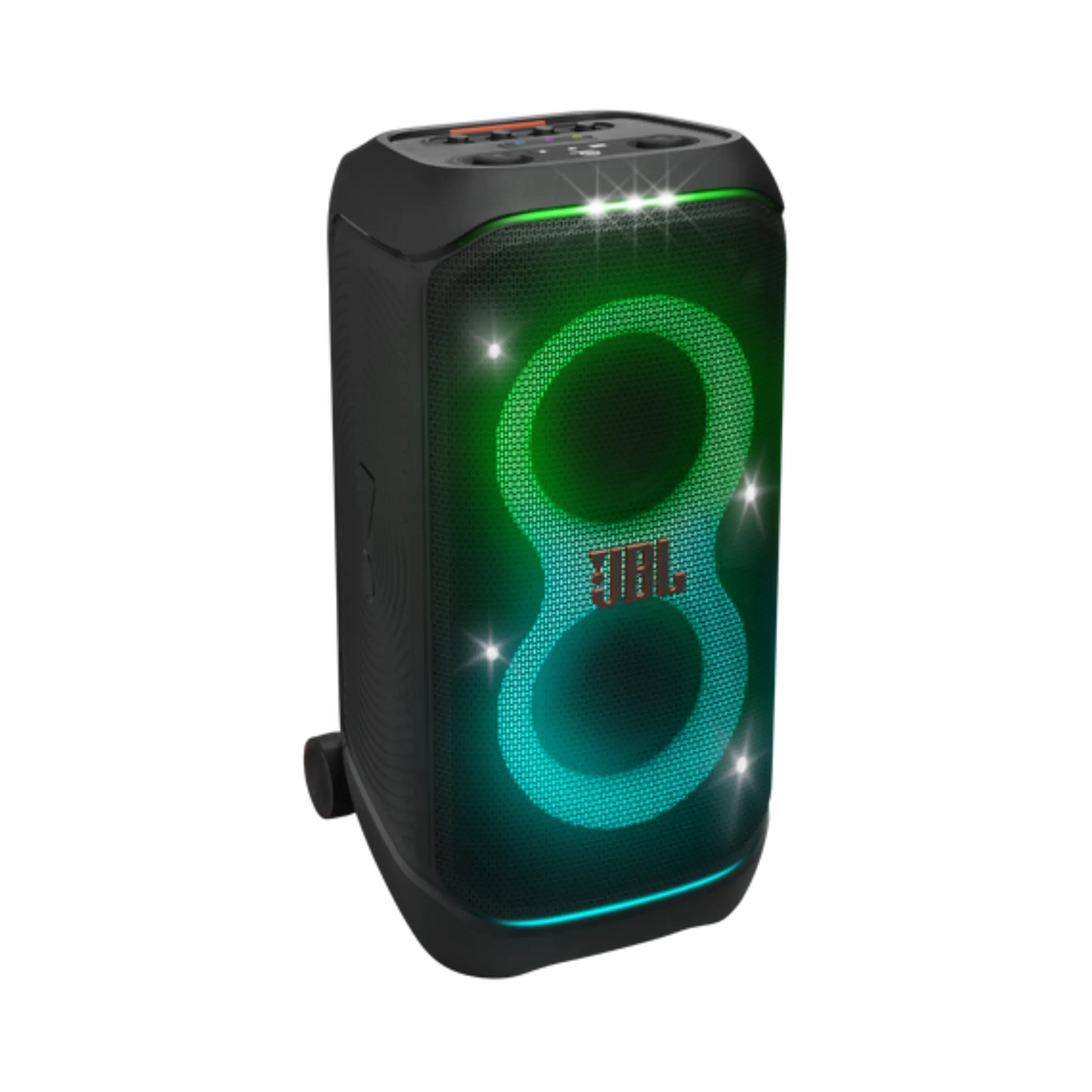 Open box JBL PartyBox Stage 320 portable party speaker in black with control panel and handles, designed for lively events.