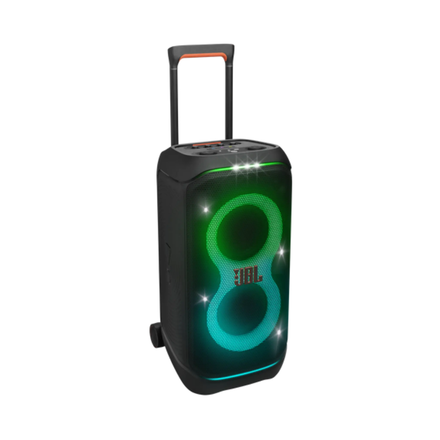 Open box JBL PartyBox Stage 320 portable party speaker in black, featuring large speakers and control panel, ready for music.