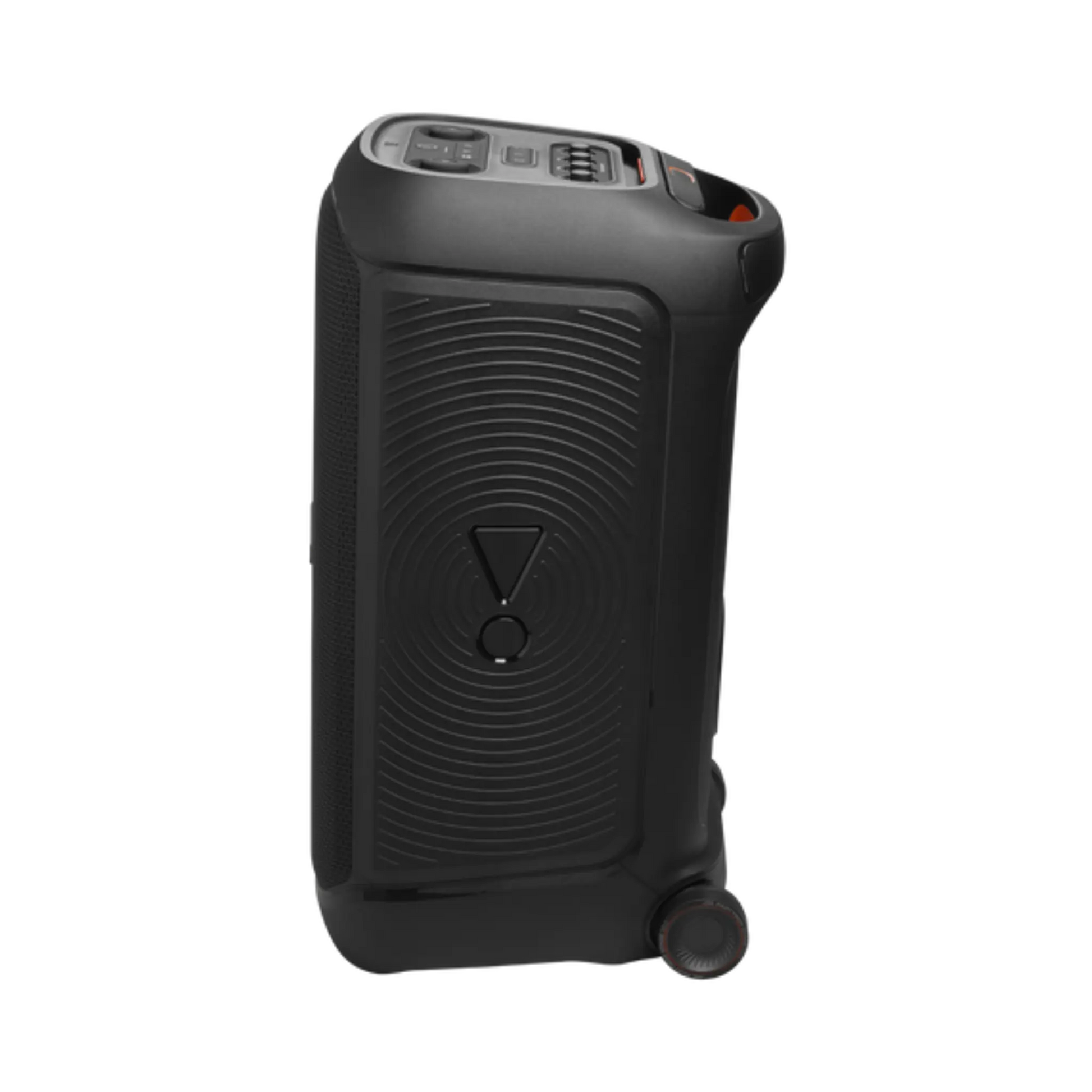 Open box JBL PartyBox Stage 320 portable black party speaker showing control panel and large speaker grille.