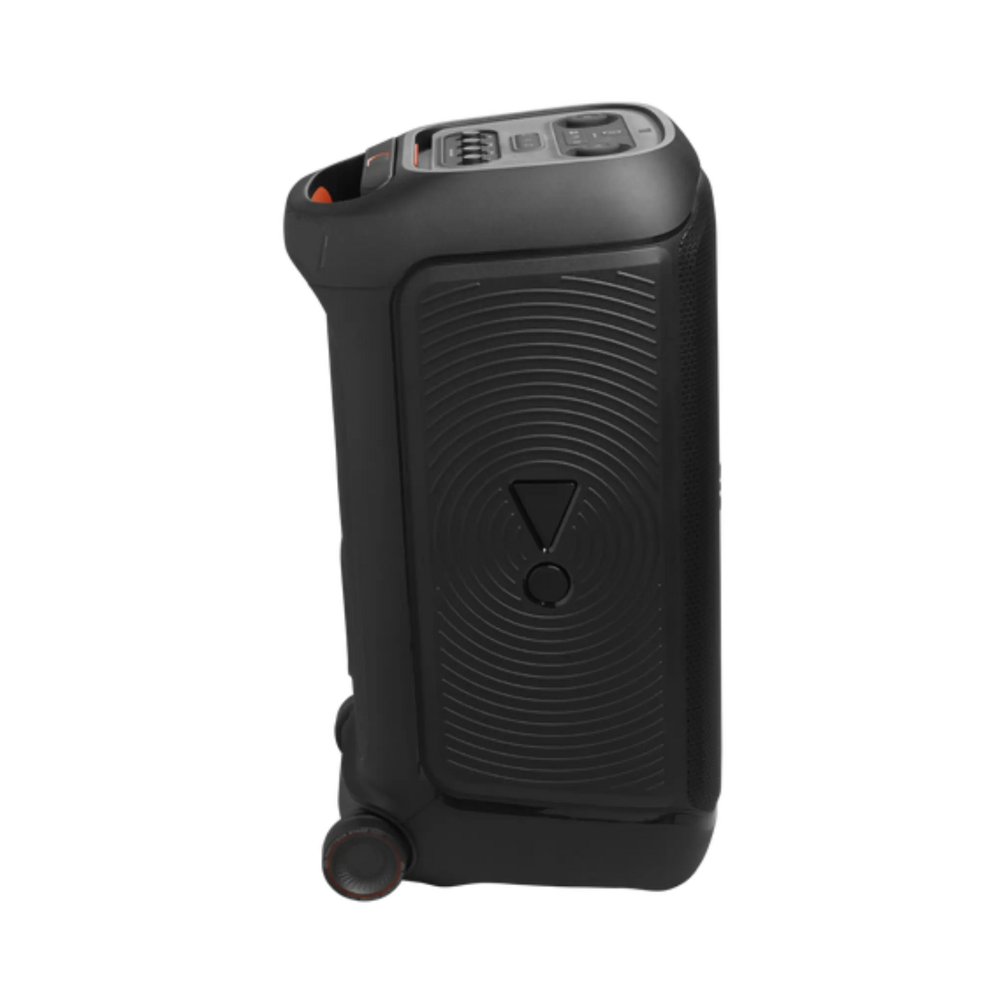 Open box JBL PartyBox Stage 320 portable black party speaker with large speaker grille, control panel, and carrying handle visible.