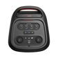 Open box JBL PartyBox Stage 320 portable party speaker in black, showing its large speaker grille and control panel.