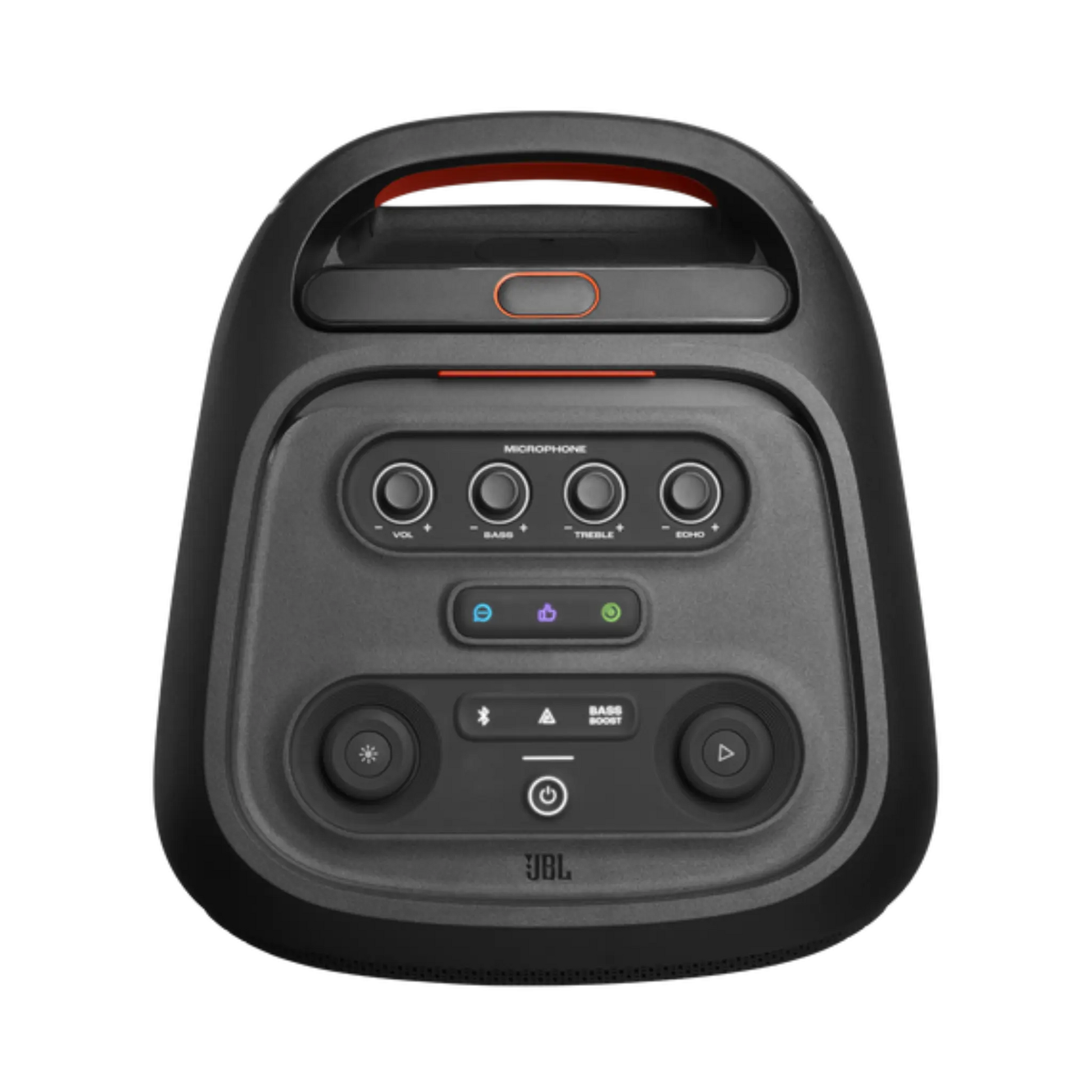 Open box JBL PartyBox Stage 320 portable party speaker in black, showing its large speaker grille and control panel.