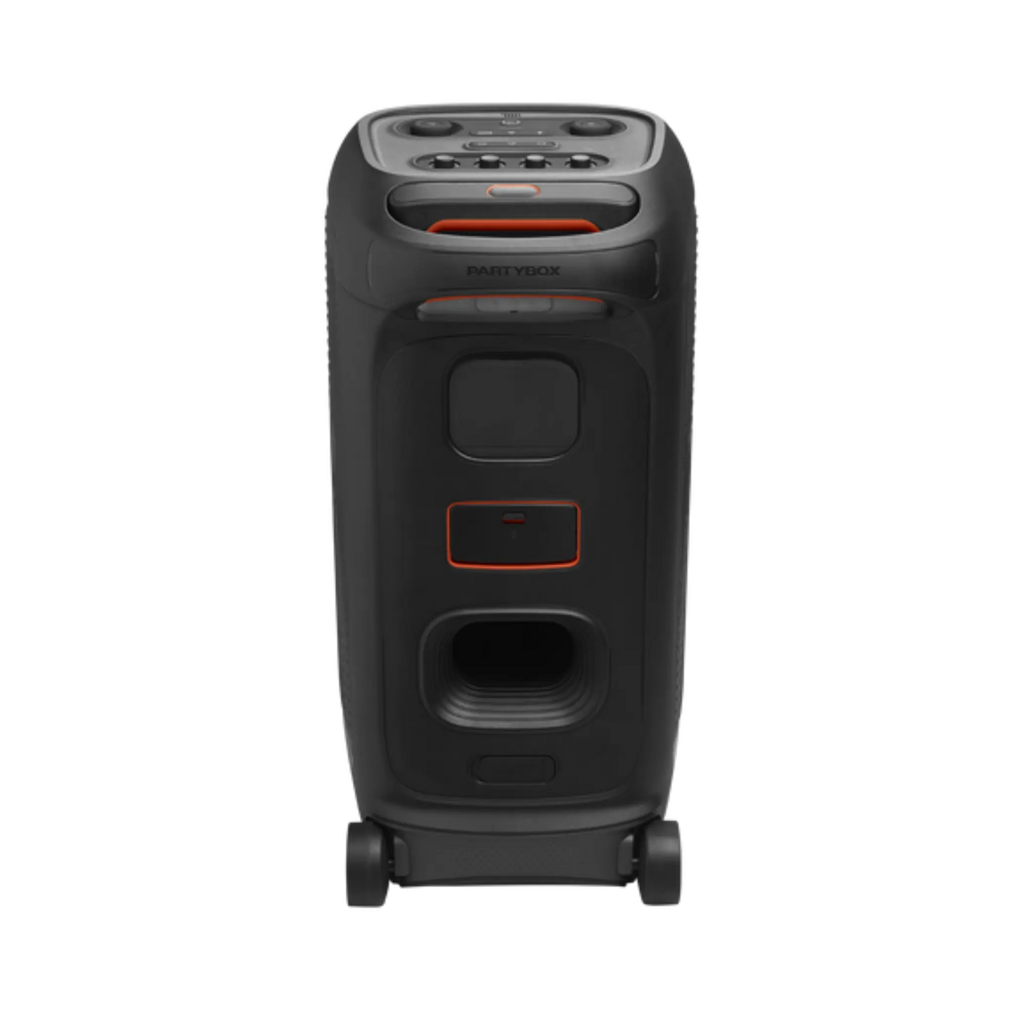 Open box JBL PartyBox Stage 320 portable black party speaker showing large speaker grille and control panel for music and sound.