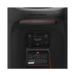 Open box JBL PartyBox Stage 320 portable party speaker in black, showing its large speaker grille and control panel.