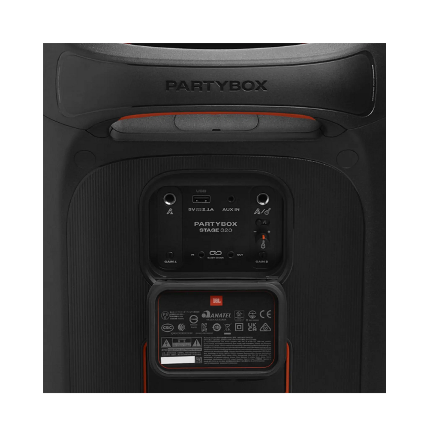 Open box JBL PartyBox Stage 320 portable party speaker in black, showing its large speaker grille and control panel.