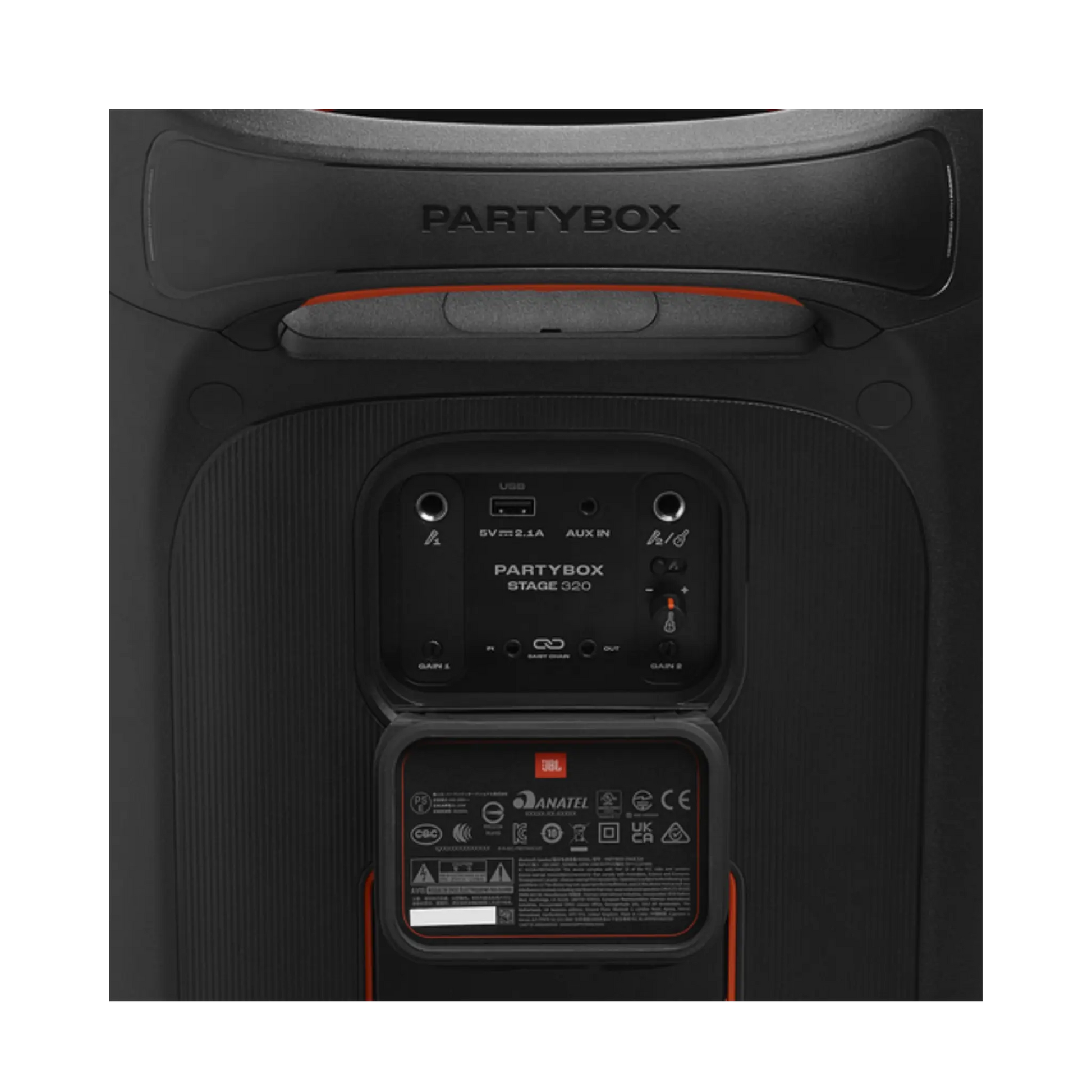 Open box JBL PartyBox Stage 320 portable party speaker in black, showing its large speaker grille and control panel.
