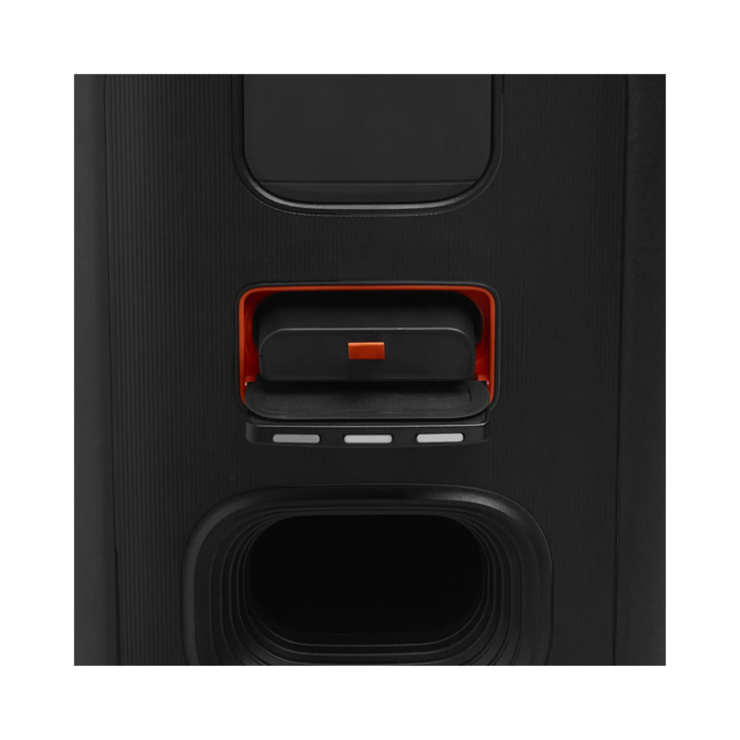 Open box JBL PartyBox Stage 320 portable party speaker in black, showing its large size and control panel on top.
