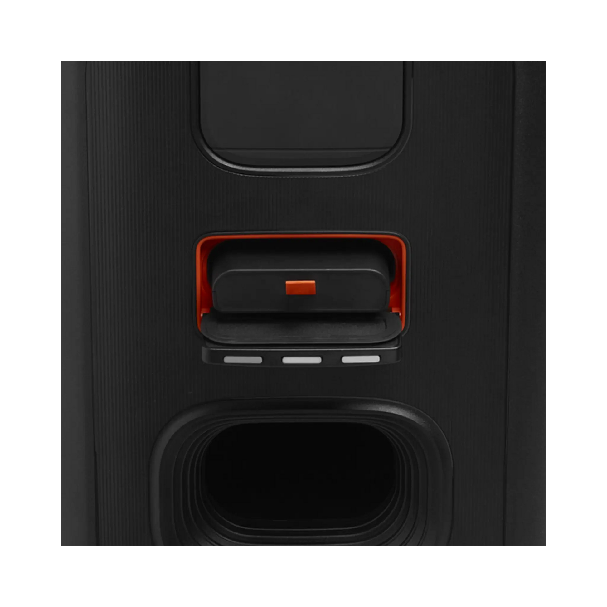 Open box JBL PartyBox Stage 320 portable party speaker in black, showing its large size and control panel on top.