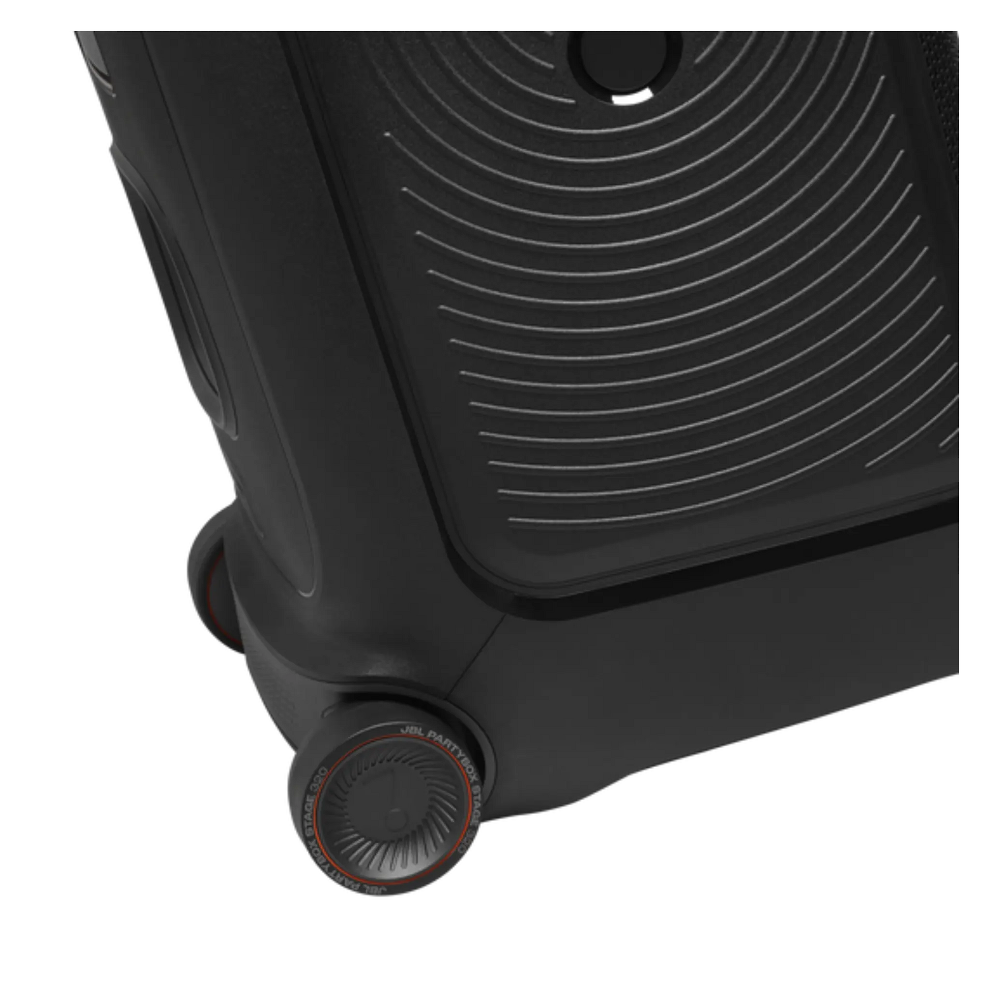 Open box JBL PartyBox Stage 320 portable party speaker in black, showing its speakers, controls, and modern design.