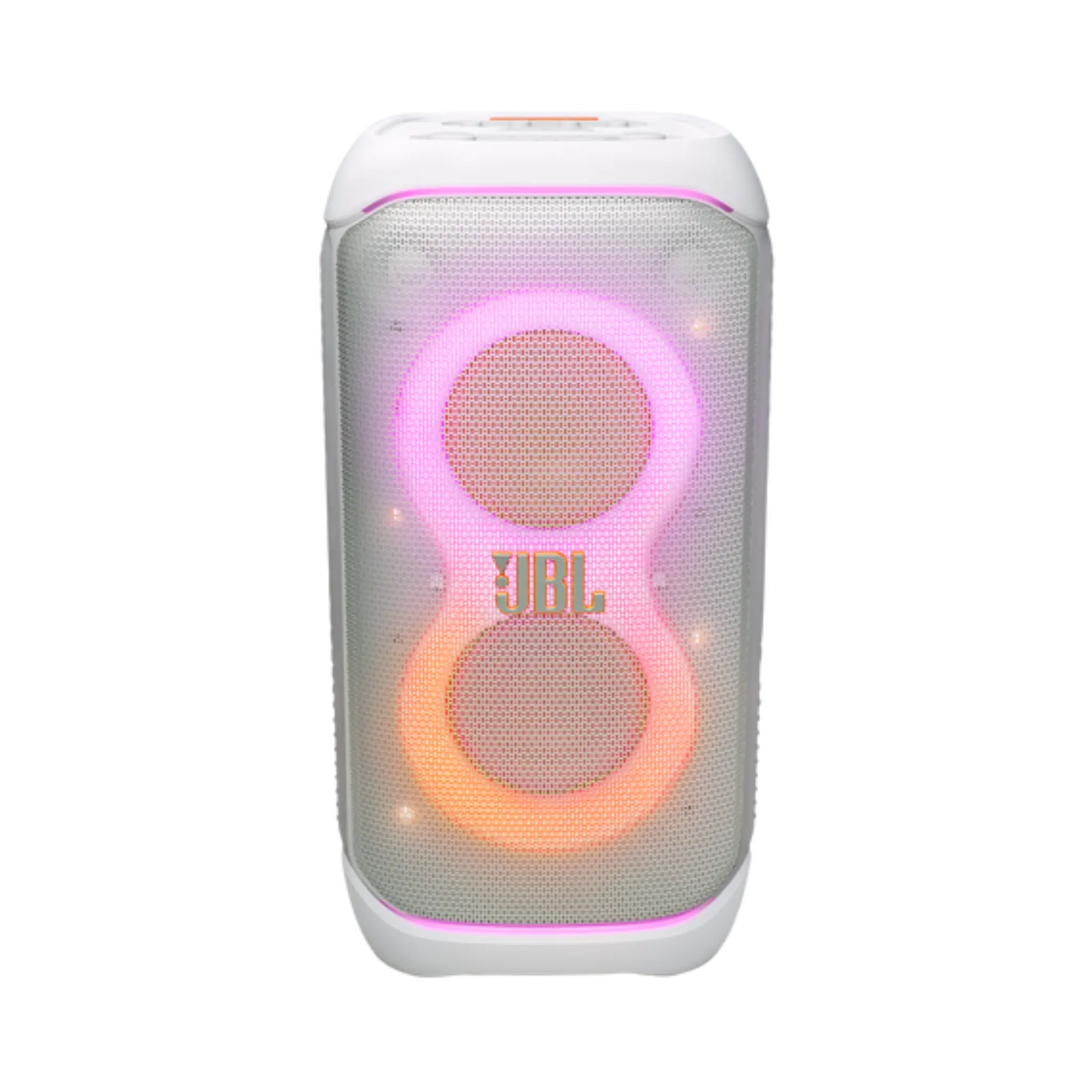 Open box JBL PartyBox Stage 320 portable white party speaker with large speaker grille and control panel visible.