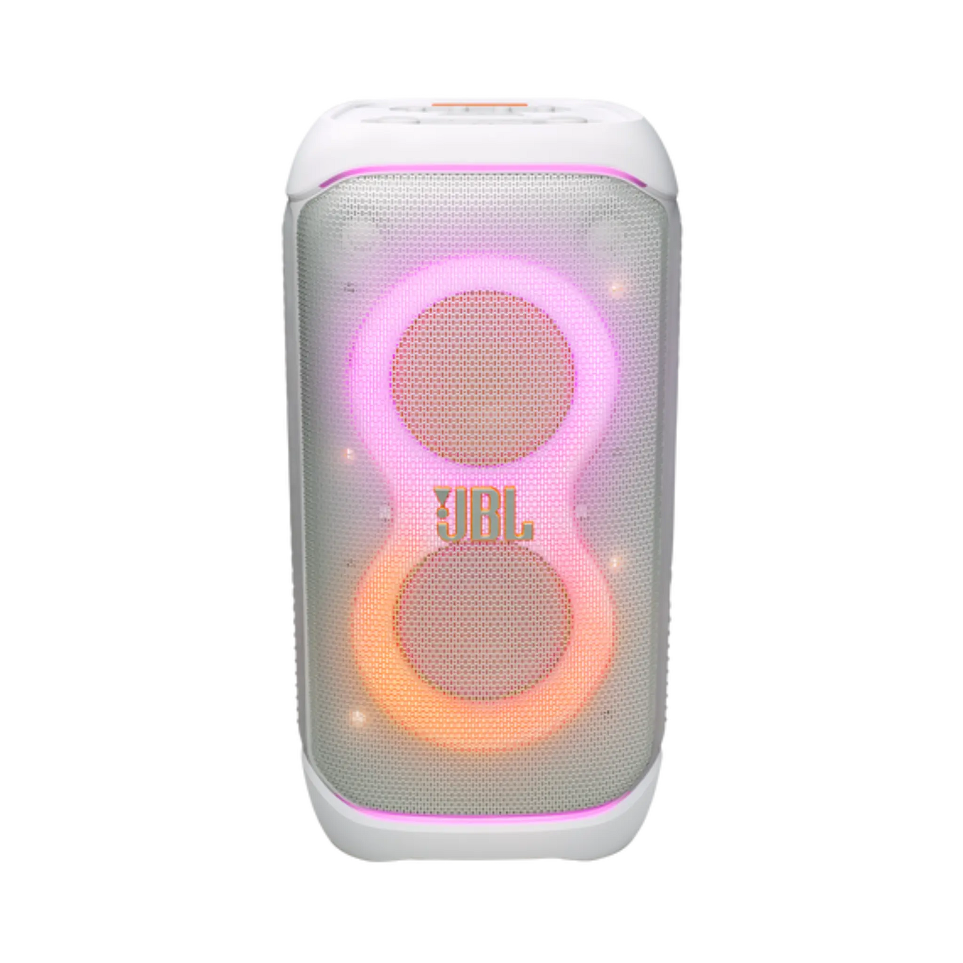 Open box JBL PartyBox Stage 320 portable white party speaker with large speaker grille and control panel visible.