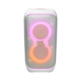 Open box JBL PartyBox Stage 320 portable white party speaker with large speaker grille and control panel visible.
