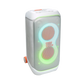 Open box JBL PartyBox Stage 320 portable party speaker in white, showing the sleek design and control panel.