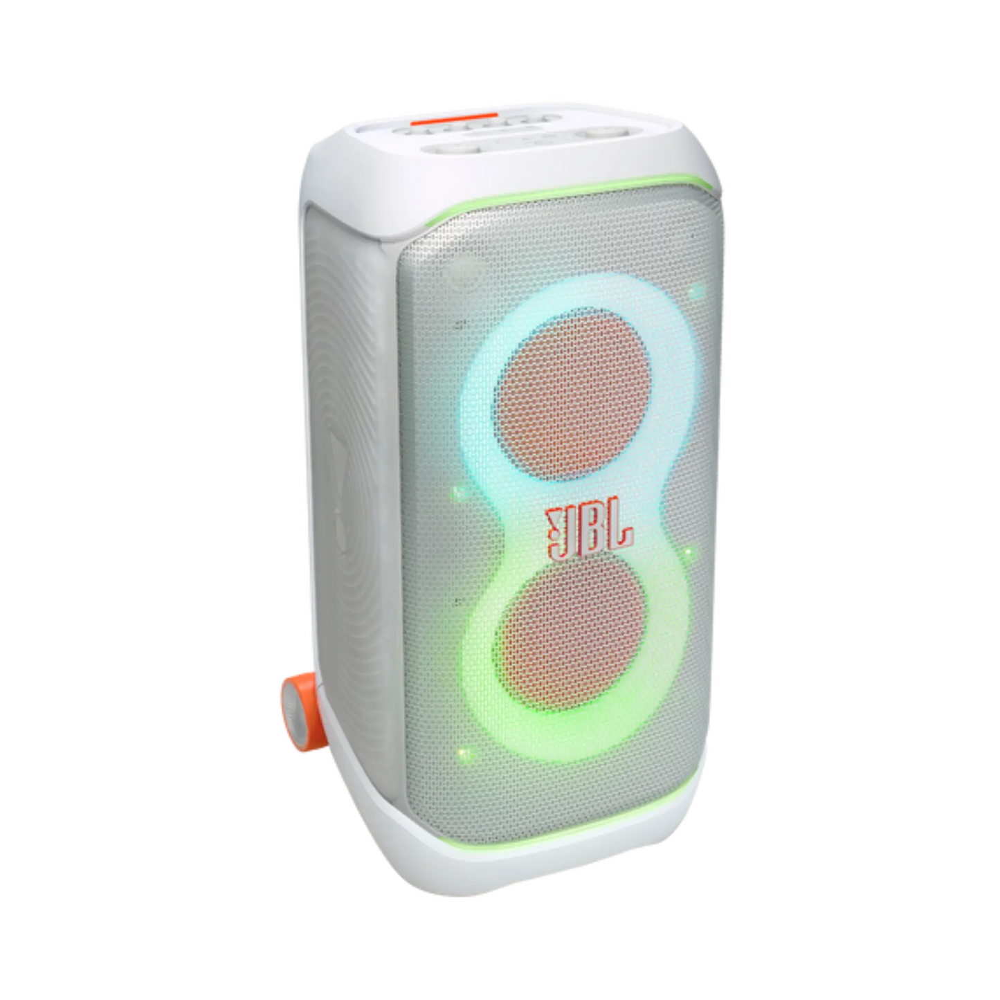 Open box JBL PartyBox Stage 320 portable party speaker in white, showing the sleek design and control panel.