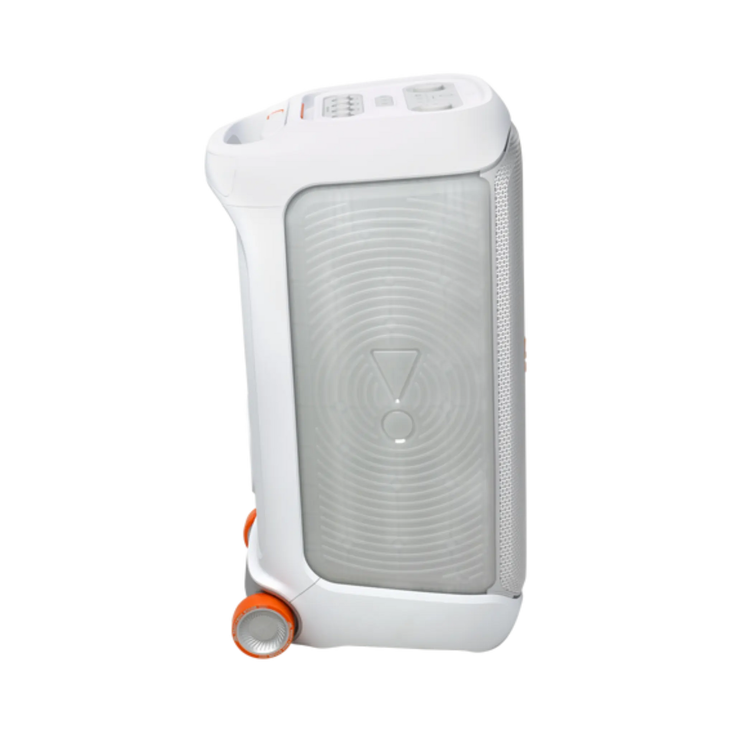Open box JBL PartyBox Stage 320 portable party speaker in white, showing its large speaker grille and control panel.