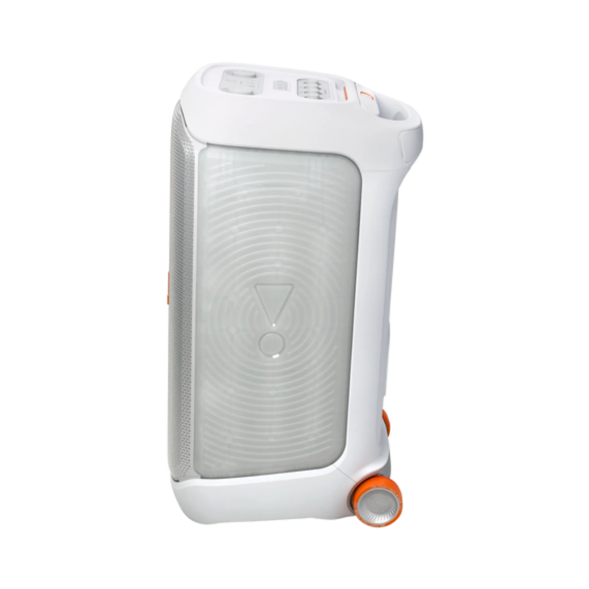 Open box JBL PartyBox Stage 320 portable party speaker in white, with large drivers and built-in controls for powerful sound.