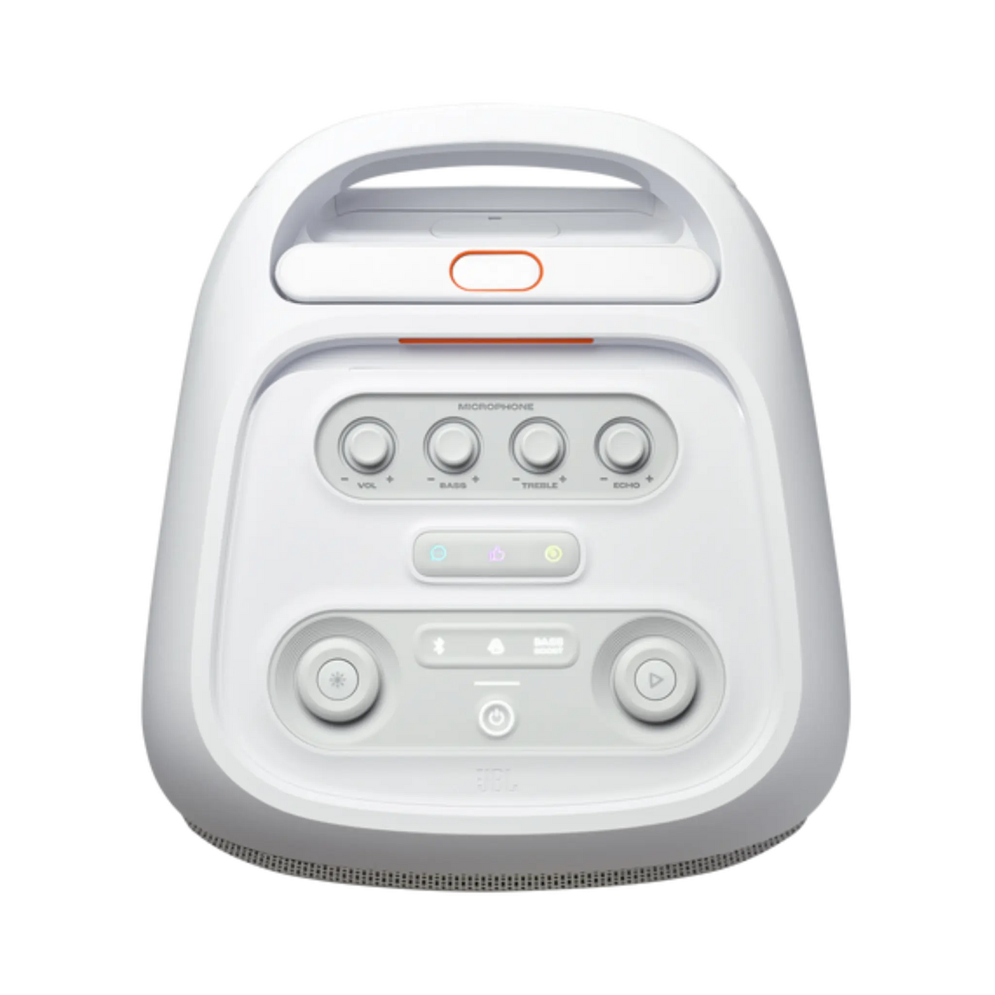 Open box JBL PartyBox Stage 320 portable party speaker in white, showing its large speaker grille and control panel.