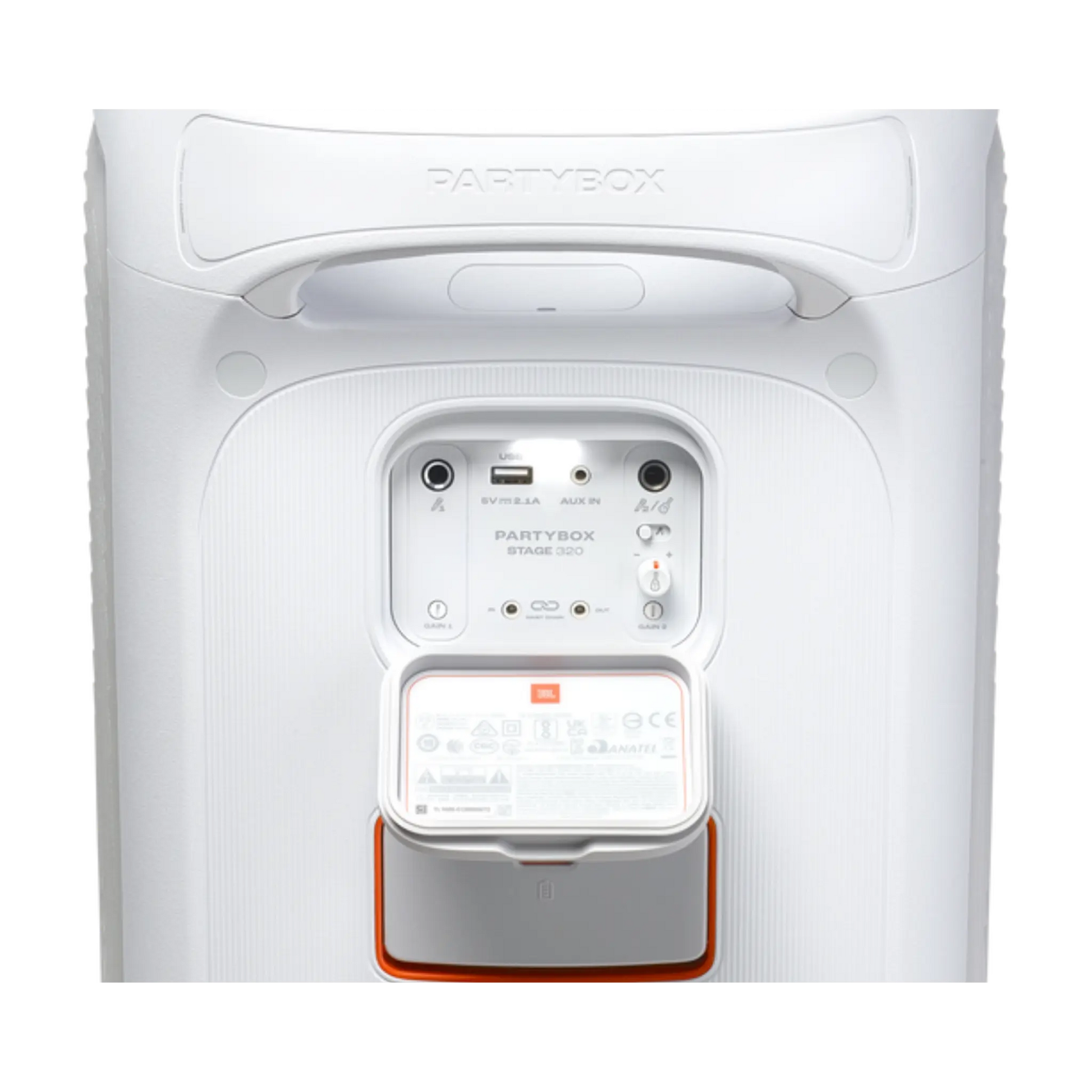 Open box JBL PartyBox Stage 320 portable party speaker in white, showing its rugged design and control panel.