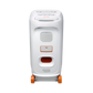 Open box JBL PartyBox Stage 320 portable party speaker in white, showing its large speaker grille and control panel.