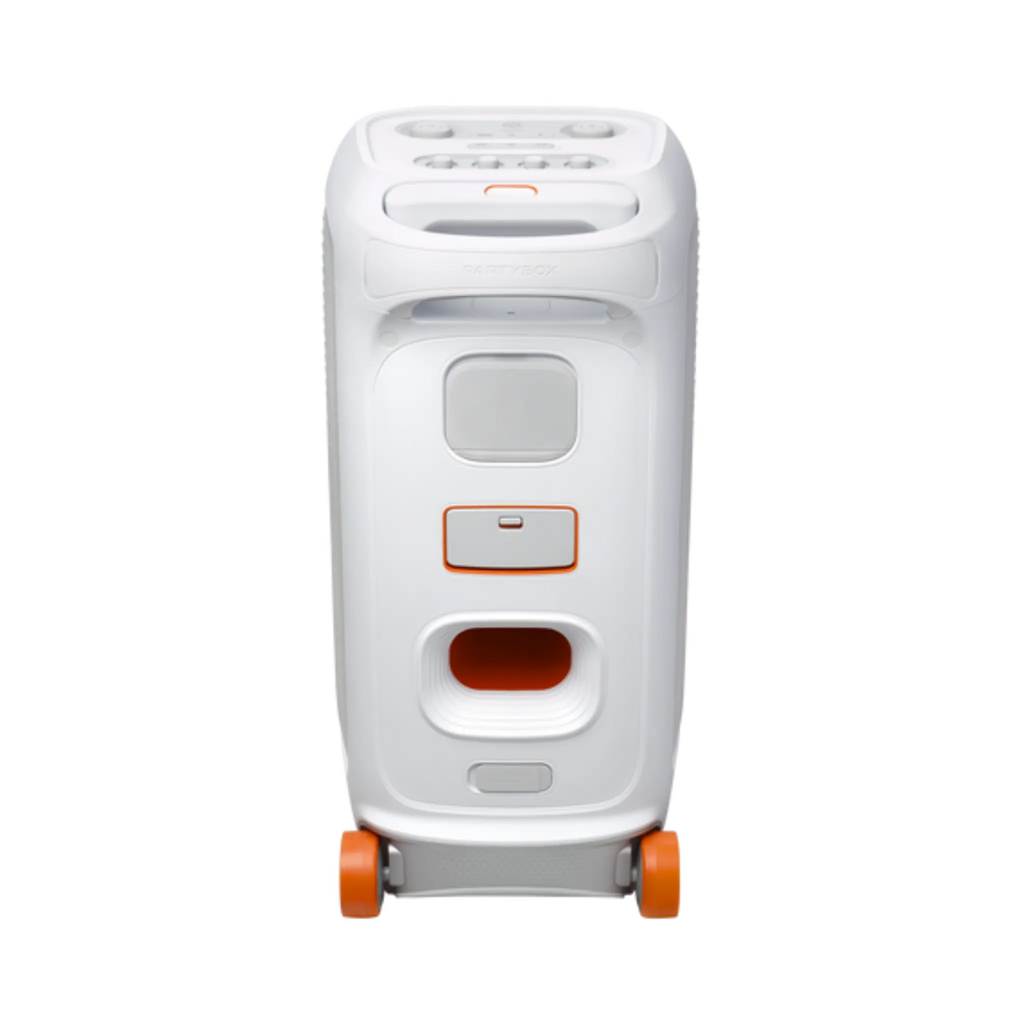 Open box JBL PartyBox Stage 320 portable party speaker in white, showing its large speaker grille and control panel.