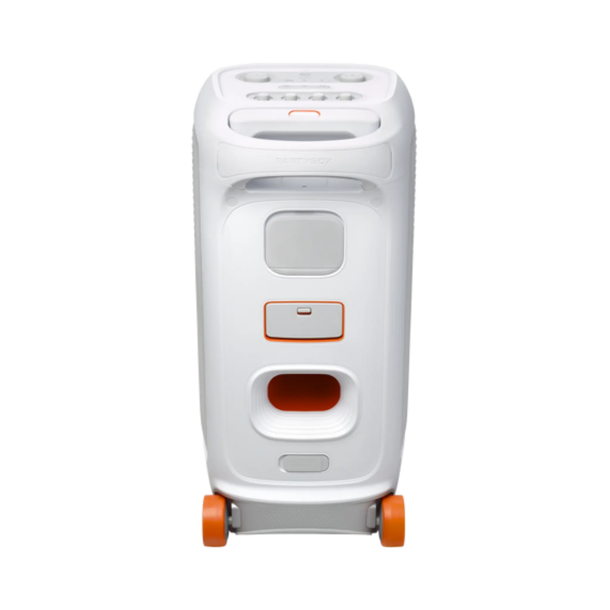 Open box JBL PartyBox Stage 320 portable party speaker in white, showing its large speaker grille and control panel.