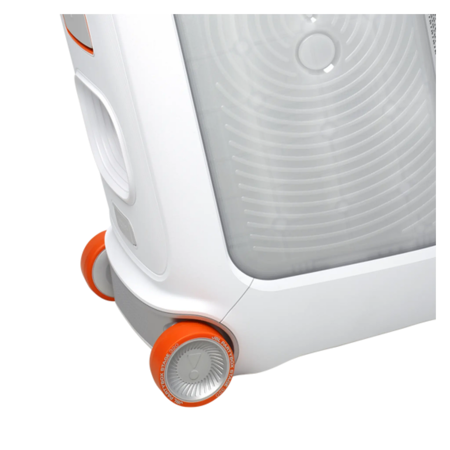 Open box JBL PartyBox Stage 320 portable party speaker in white with LED lights and large speaker grille.
