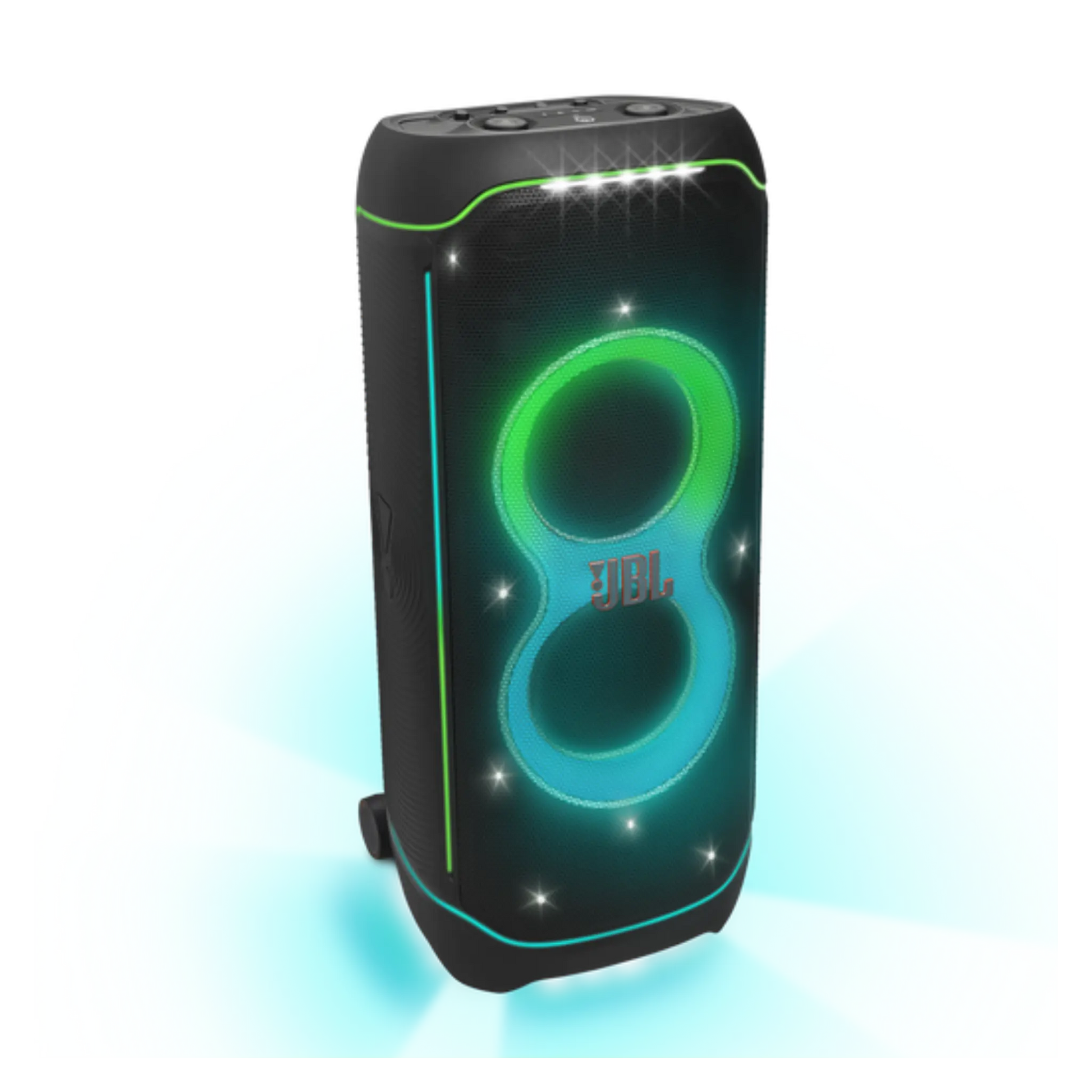 Open box JBL PartyBox Ultimate Bluetooth wireless party speaker in black, showcasing its large speaker grille and control panel.