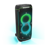 Open box JBL PartyBox Ultimate Bluetooth wireless party speaker in black, showcasing its large speaker grille and control panel.