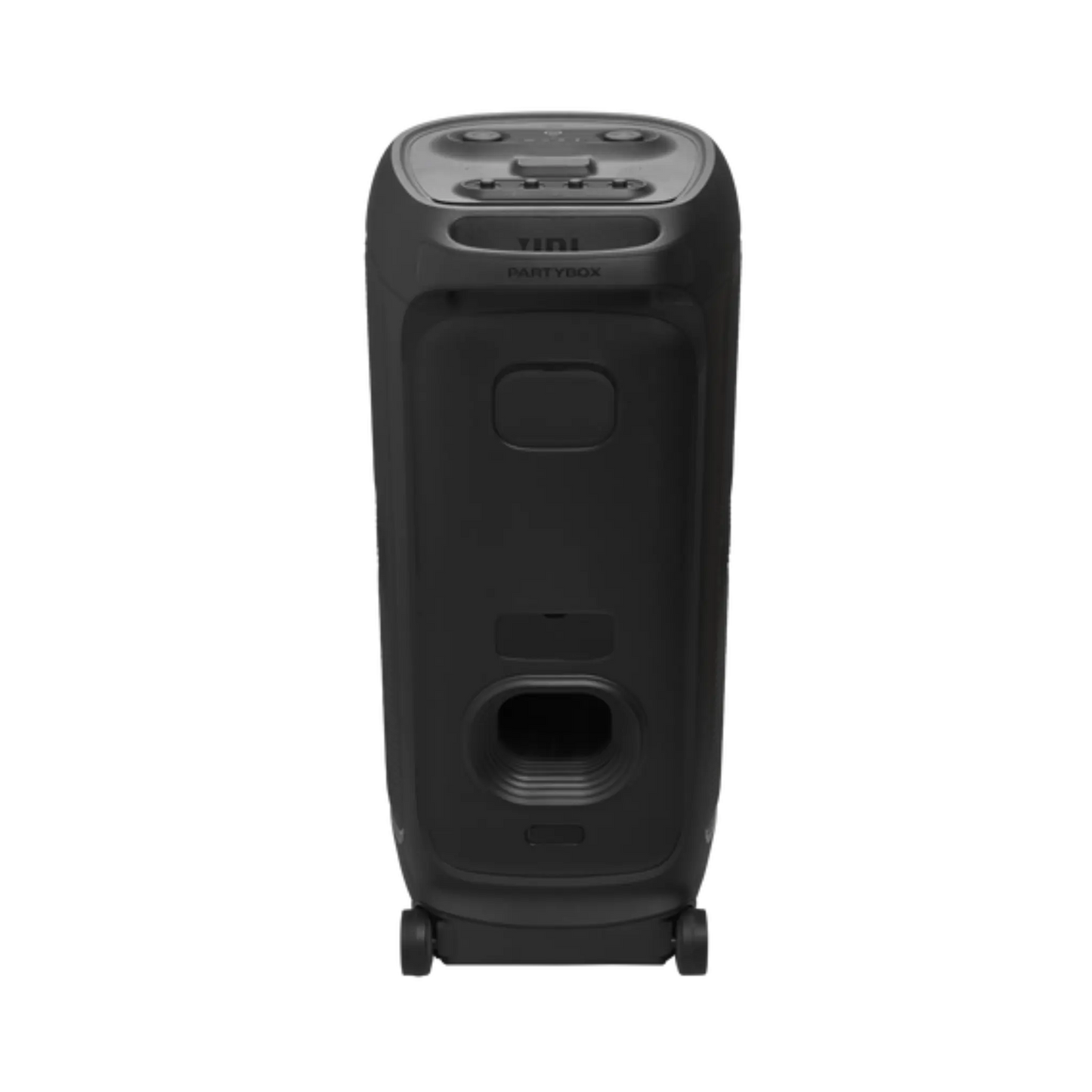 Open box JBL PartyBox Ultimate Bluetooth wireless party speaker in black, showing its large speaker grille and control panel.