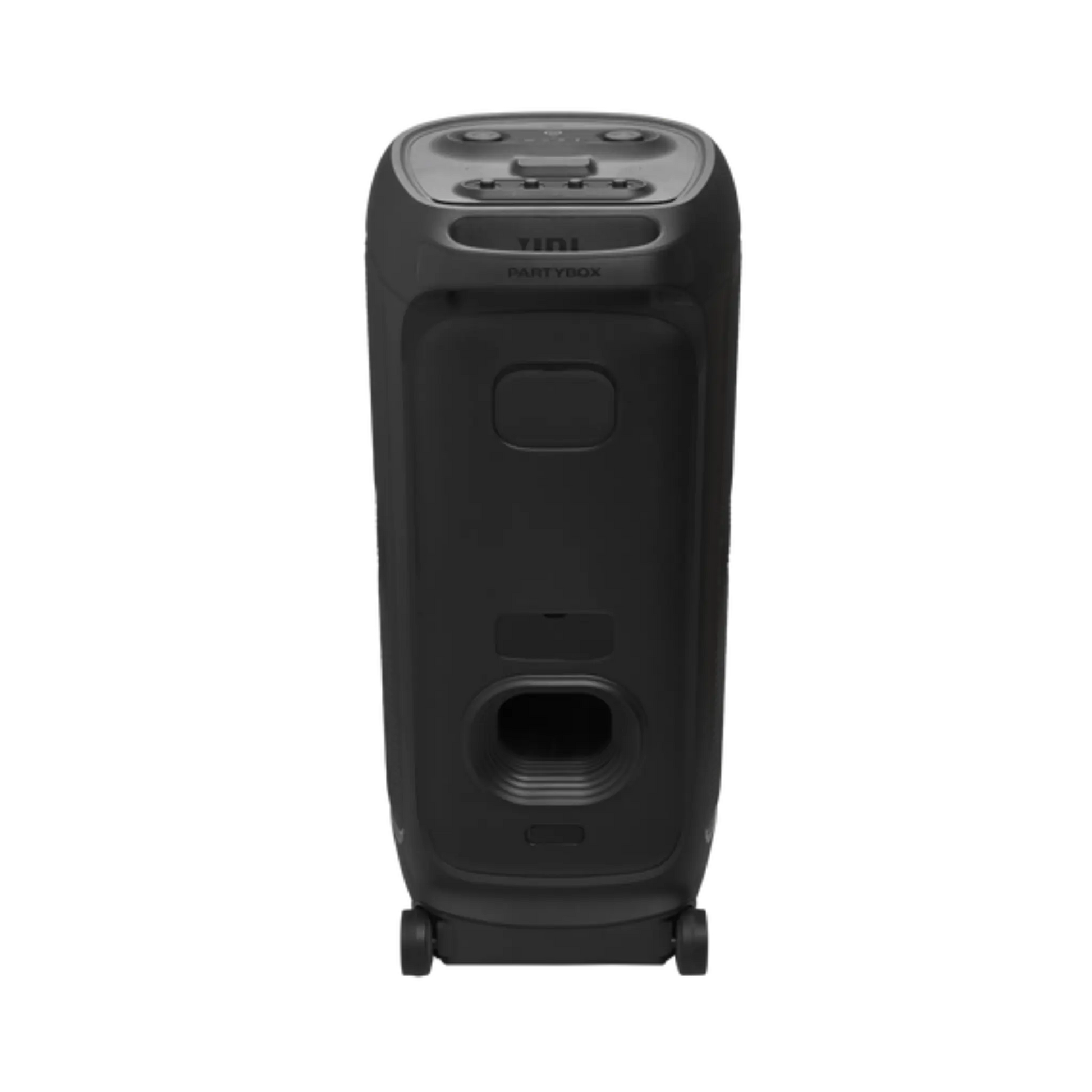 Open box JBL PartyBox Ultimate Bluetooth wireless party speaker in black, showing its large speaker grille and control panel.